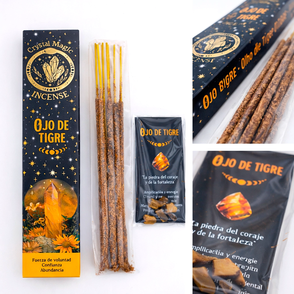 Incienso orgánico Ojo de Tigre Crystal Magic con varillas y mineral natural