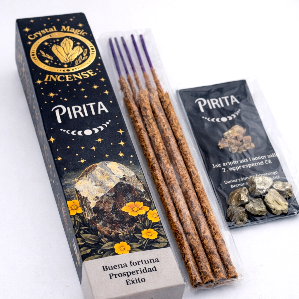 Incienso orgánico Pirita Crystal Magic con varillas rituales y mineral natural