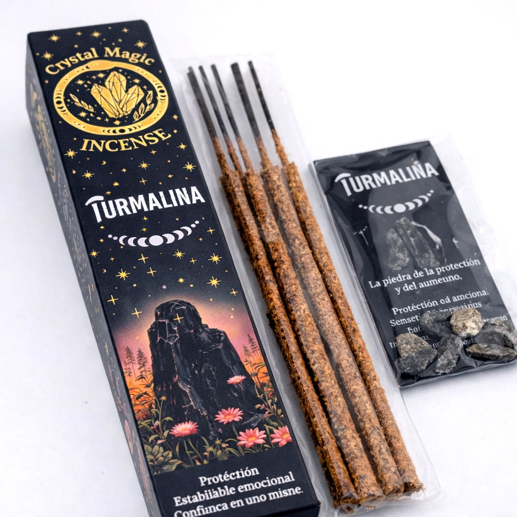 Incienso orgánico de Turmalina Crystal Magic con varillas y mineral