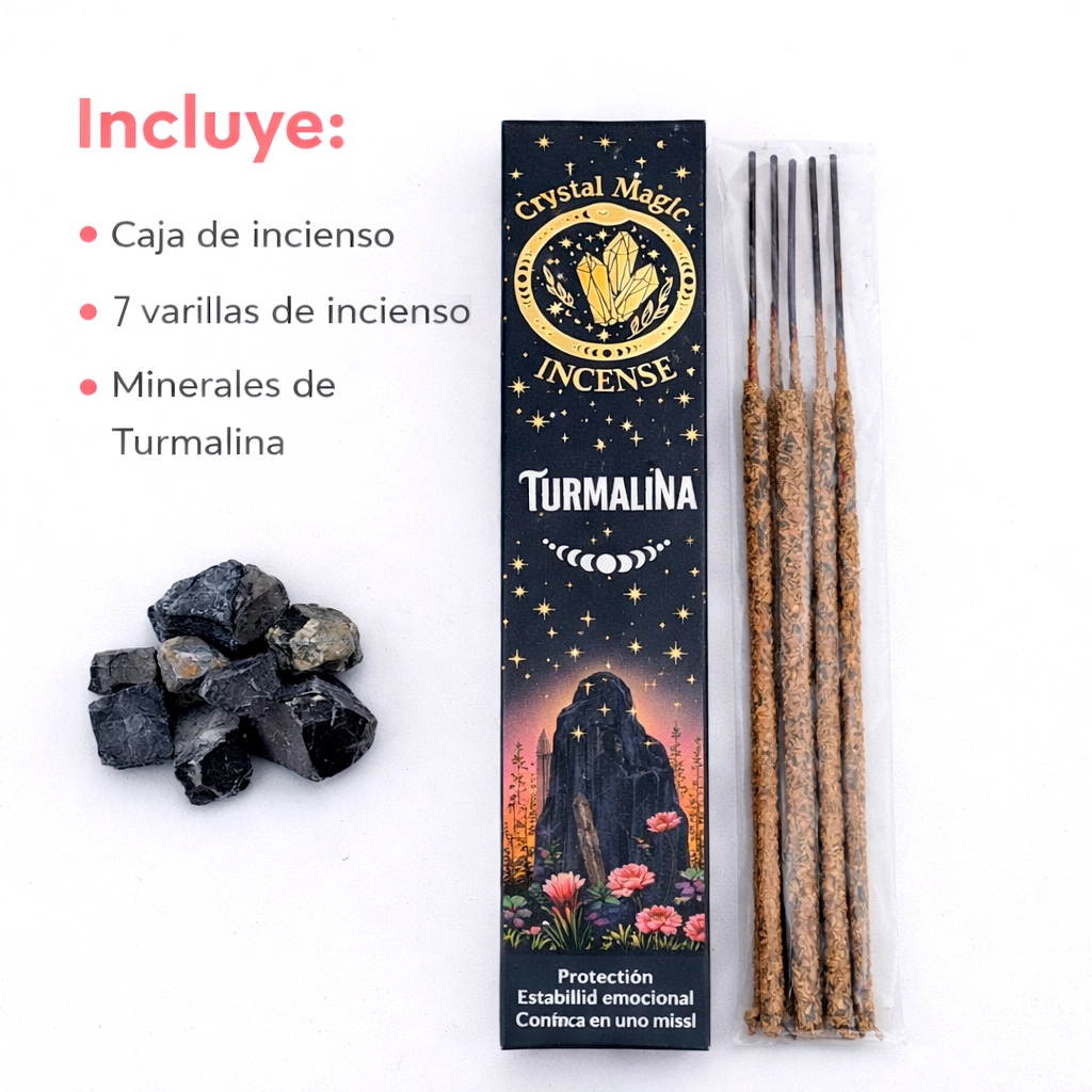 Incienso orgánico de Turmalina Crystal Magic con varillas y mineral
