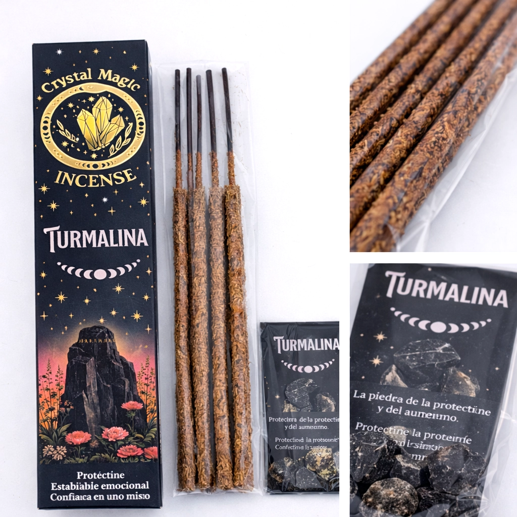Incienso orgánico de Turmalina Crystal Magic con varillas y mineral