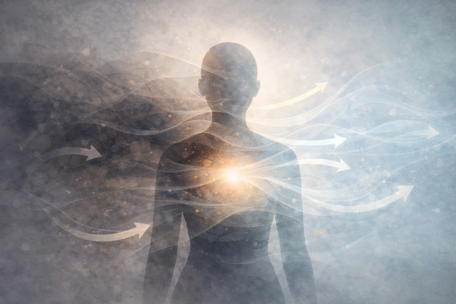 Silueta humana liberando cargas energéticas y abriéndose a un nuevo ciclo vital