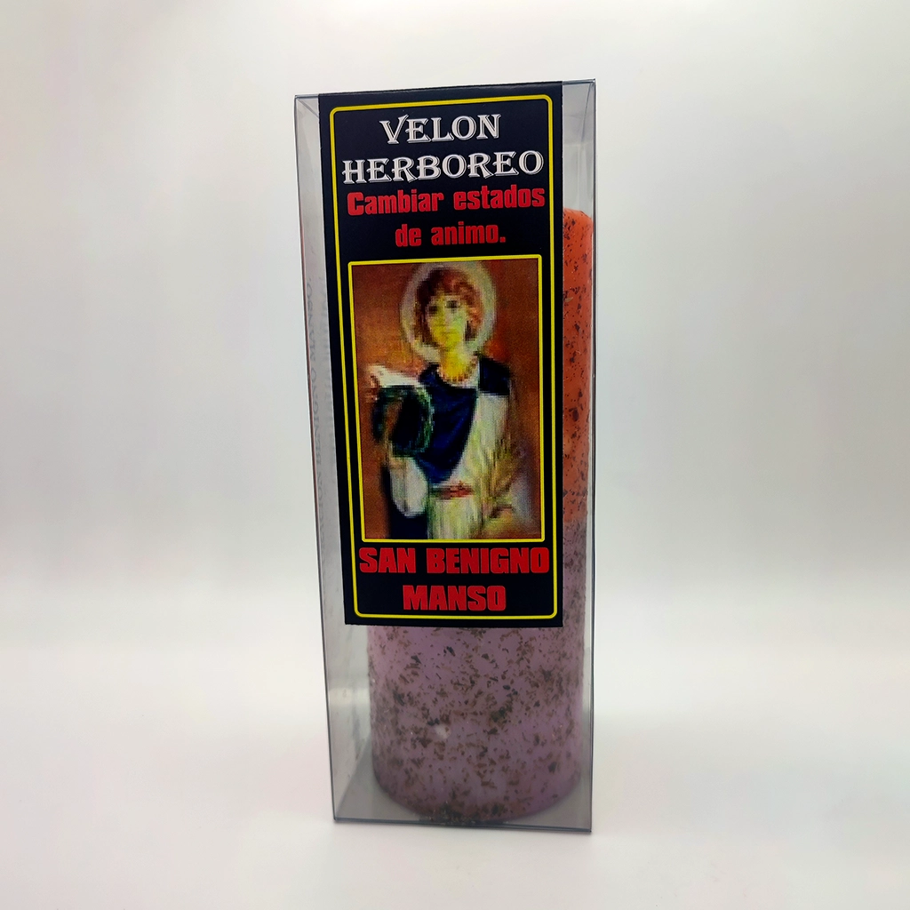 Velón herbóreo San Benigno Manso bicolor para calmar tensiones y armonizar el ánimo