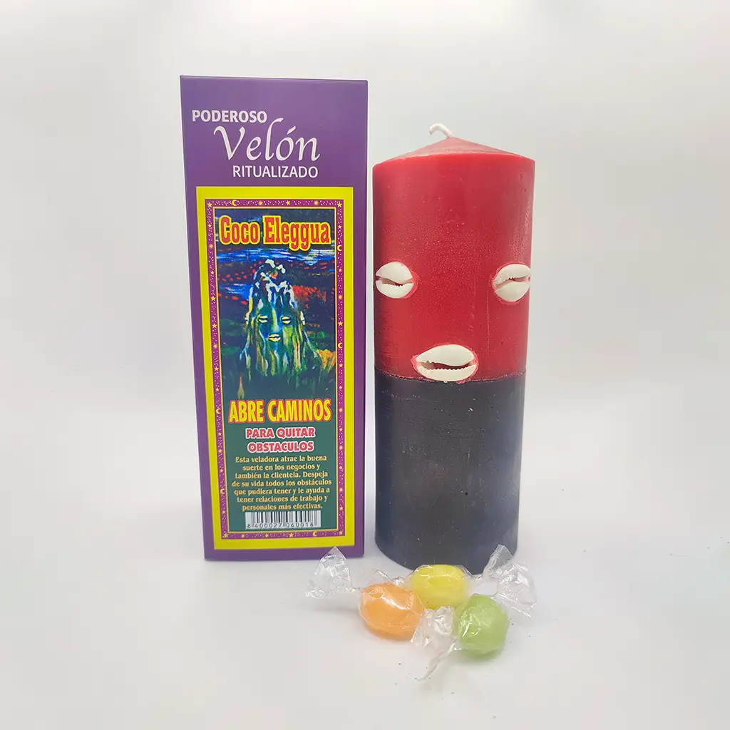 Velón ritualizado Coco Elegguá rojo y negro con conchas