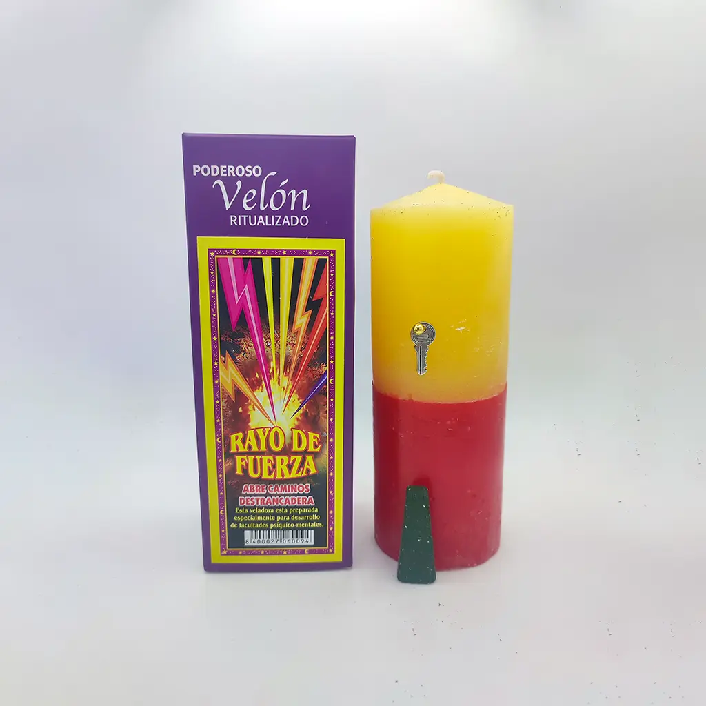 Velón ritualizado Rayo de Fuerza con llave y caja morada para abrir caminos