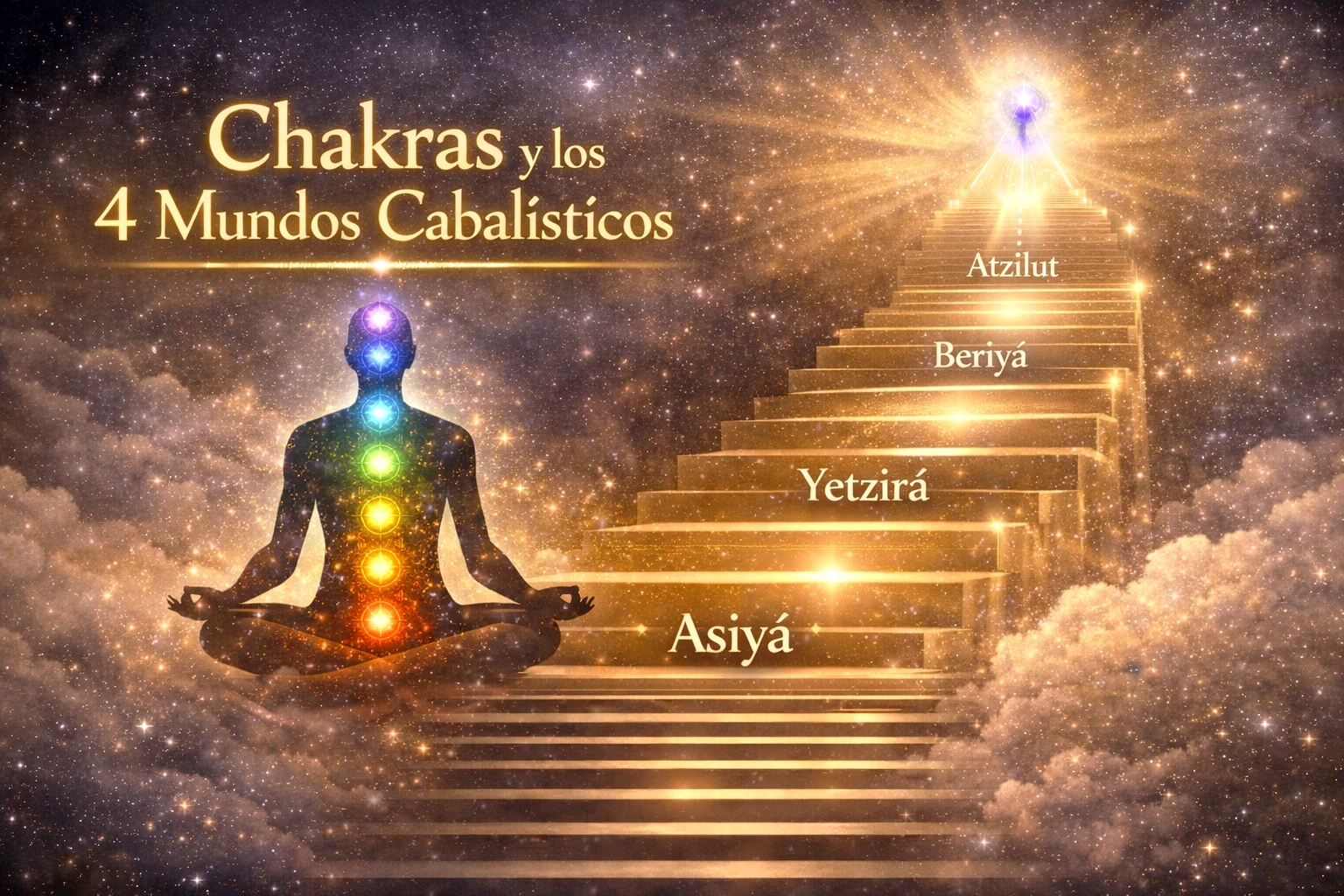 Ilustración de los chakras relacionados con los cuatro mundos cabalísticos Asiyá, Yetzirá, Beriyá y Atzilut