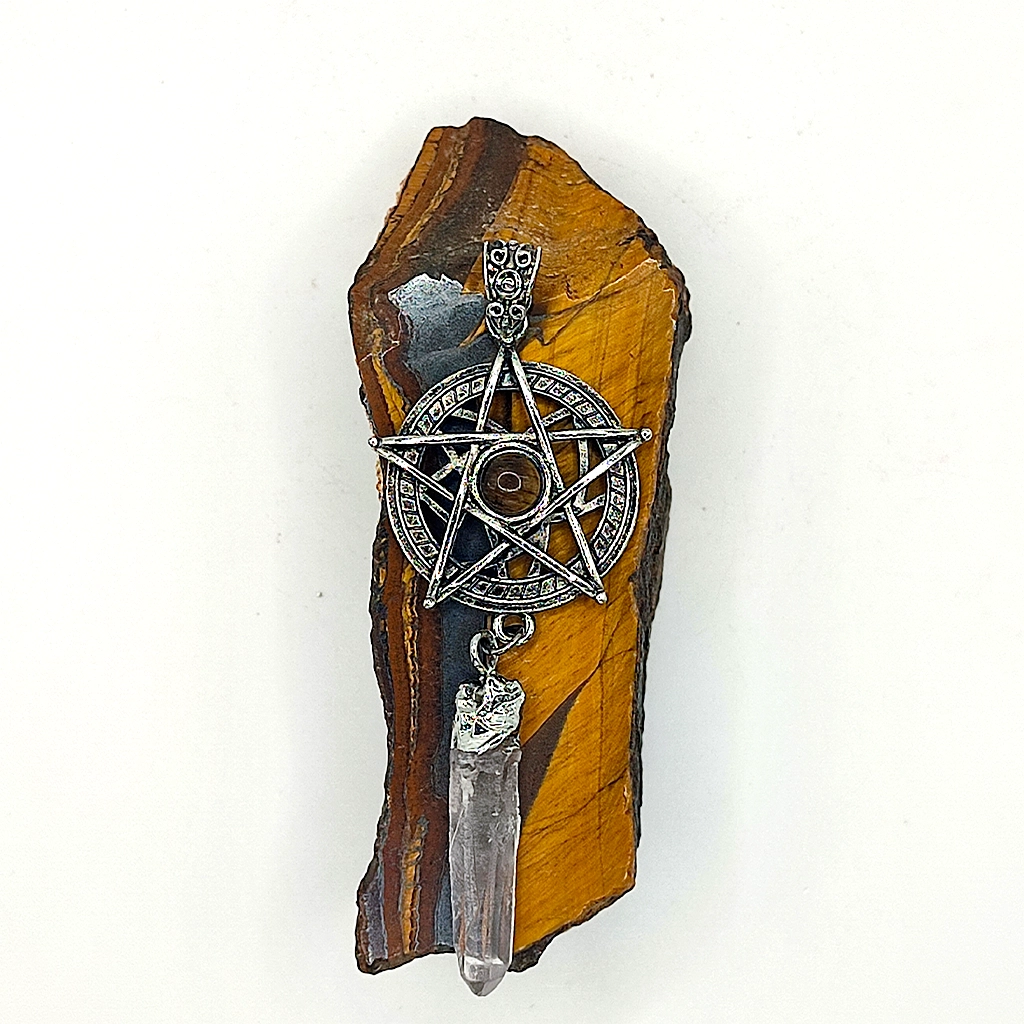 Colgante con pentagrama y ojo de tigre con punta de cuarzo maestro colgando, 70 mm