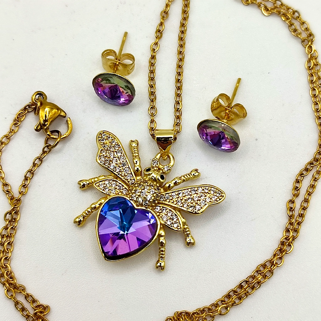 Conjunto de collar con abeja dorada de circonitas y pendientes de circonita 8 mm en acero inoxidable