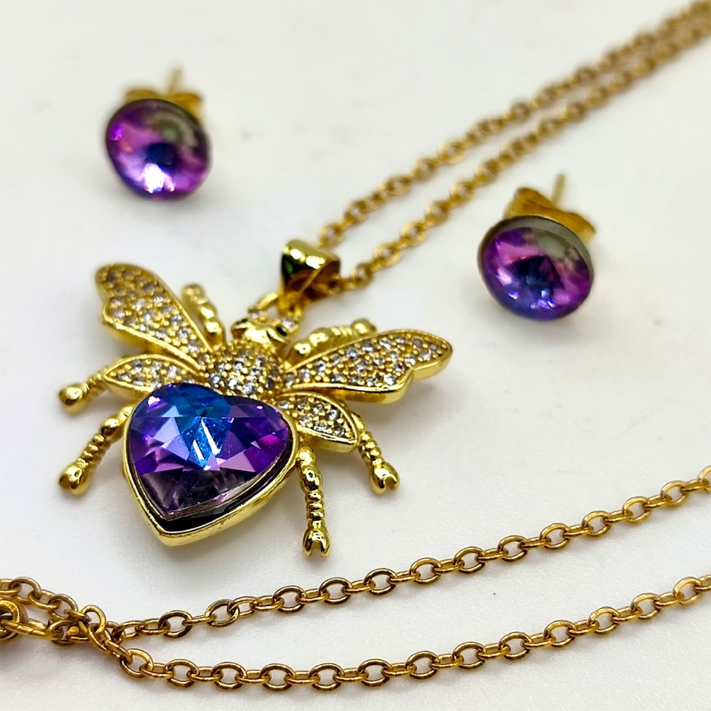 Conjunto de collar con abeja dorada de circonitas y pendientes de circonita 8 mm en acero inoxidable