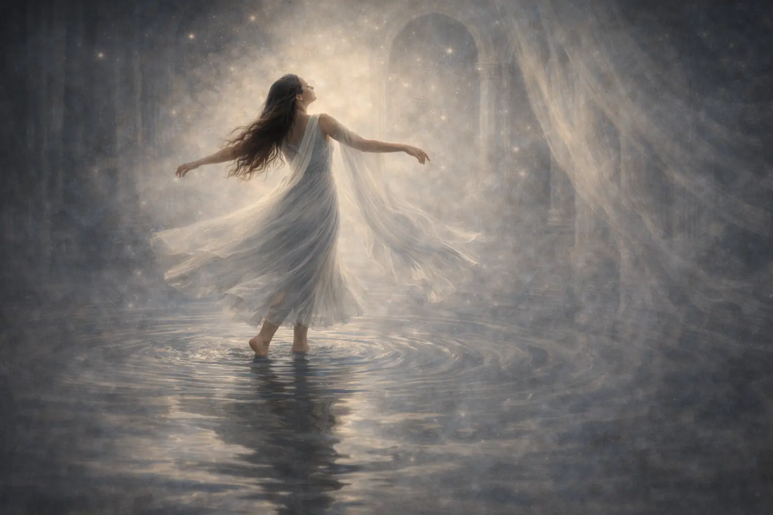 Figura femenina danzando suavemente sobre el agua, simbolizando la energía Yin, la intuición corporal y la resonancia interna del Portal 2/2