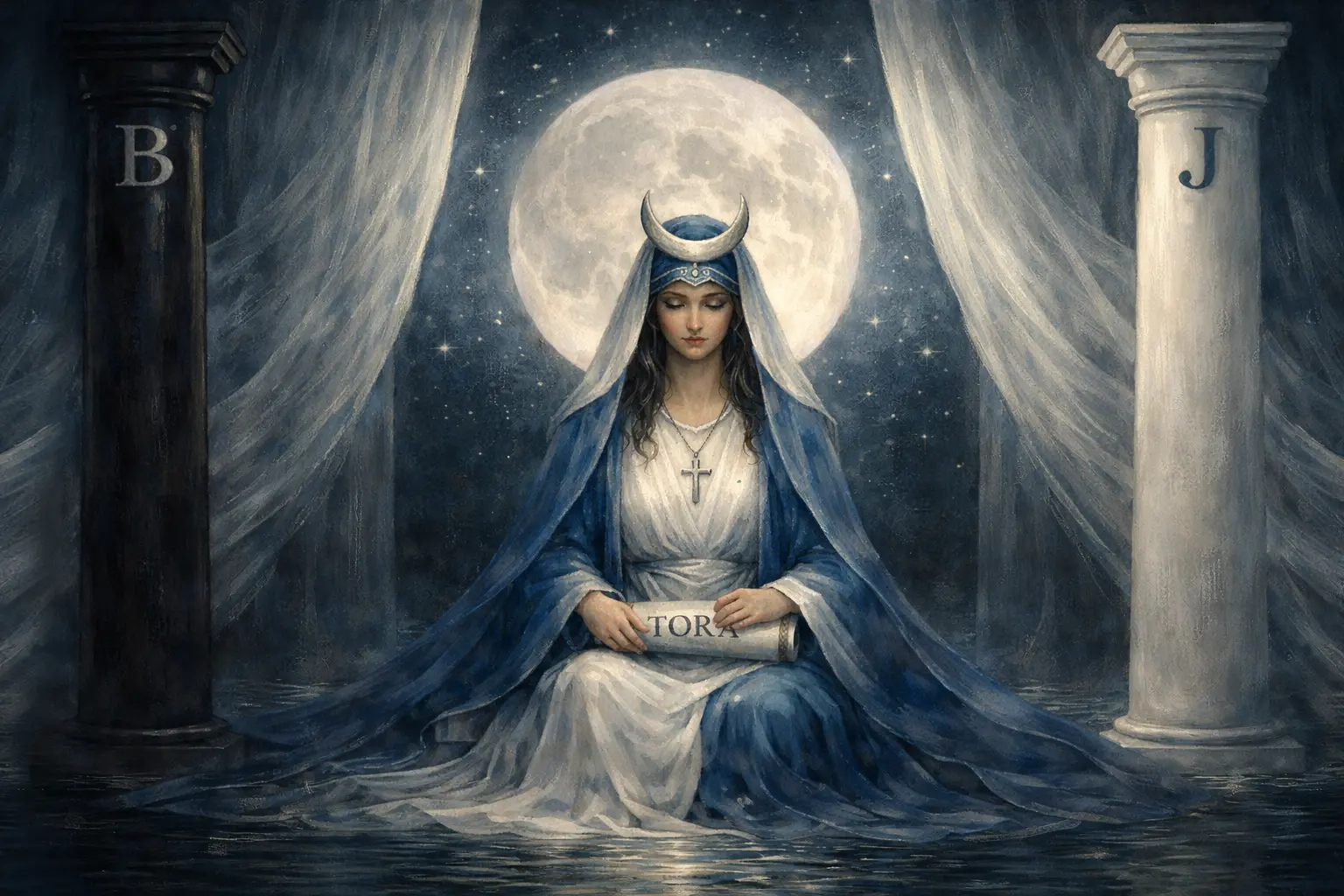 Ilustración simbólica de La Sacerdotisa del Tarot con la luna llena, guardiana del conocimiento oculto y la energía Yin del Portal 2/2