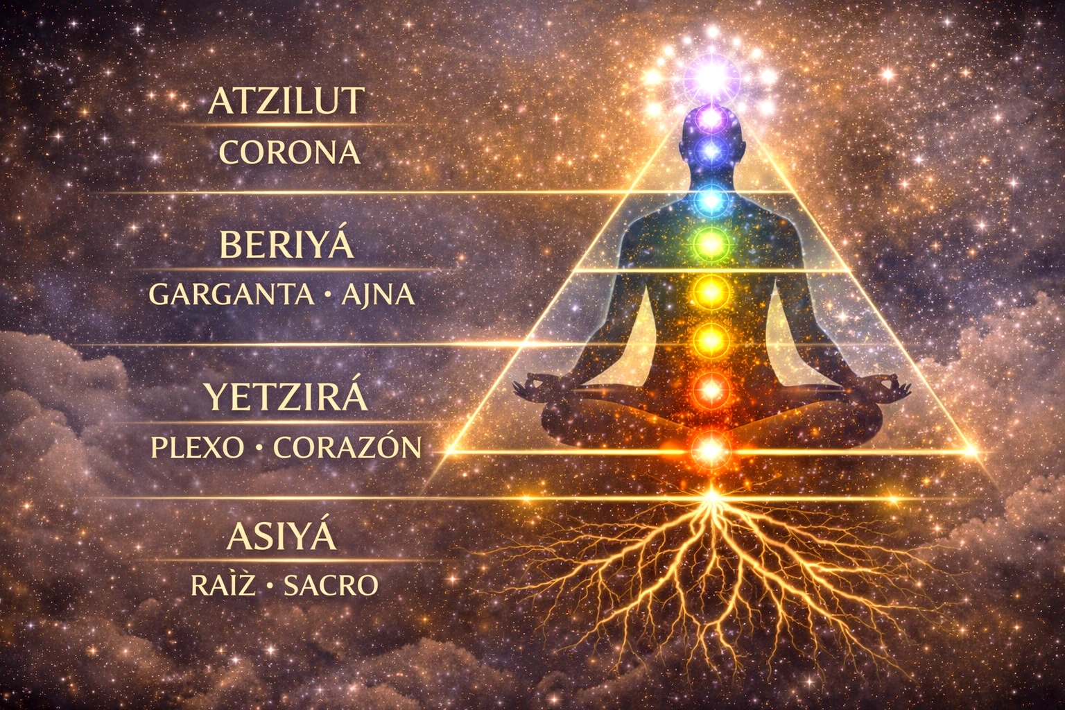 Esquema visual que muestra la correspondencia entre chakras y los mundos cabalísticos Asiyá, Yetzirá, Beriyá y Atzilut