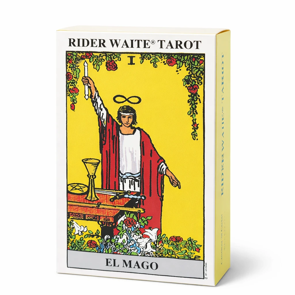 caja del tarot Rider Waite en español con la carta El Mago