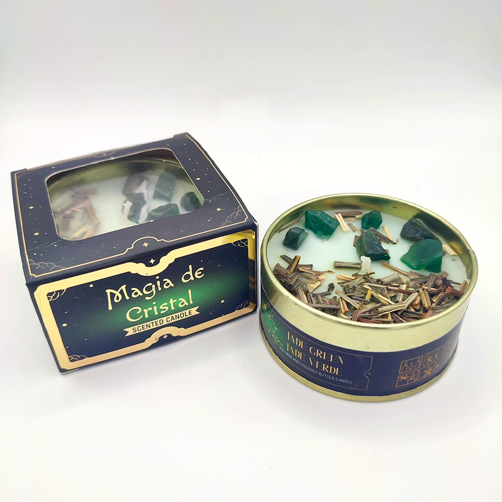 Vela Magia de Cristal Jade Verde con minerales naturales decorando la cera junto a su caja
