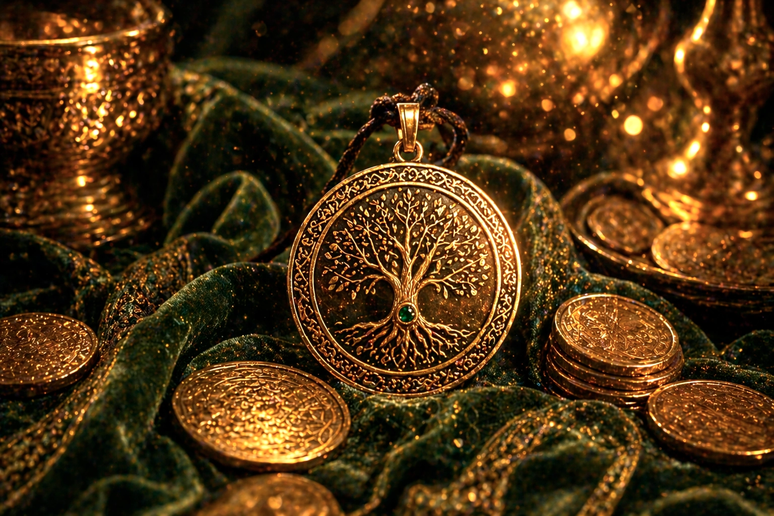 Amuleto árbol de la vida rodeado de monedas doradas simbolizando abundancia