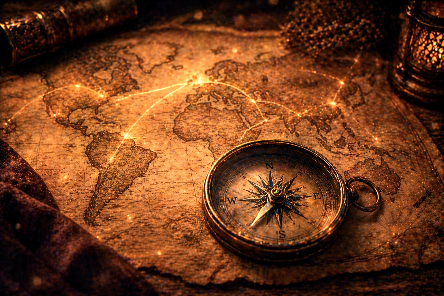 Mapa antiguo con conexiones luminosas y brújula simbolizando culturas y tradiciones de amuletos