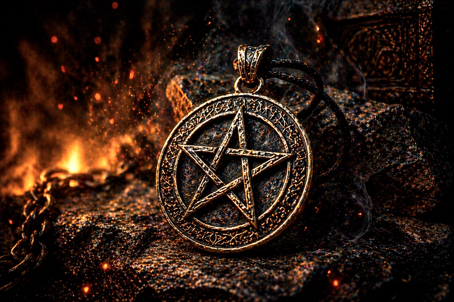 Pentagrama metálico iluminado sobre roca con fuego y chispas