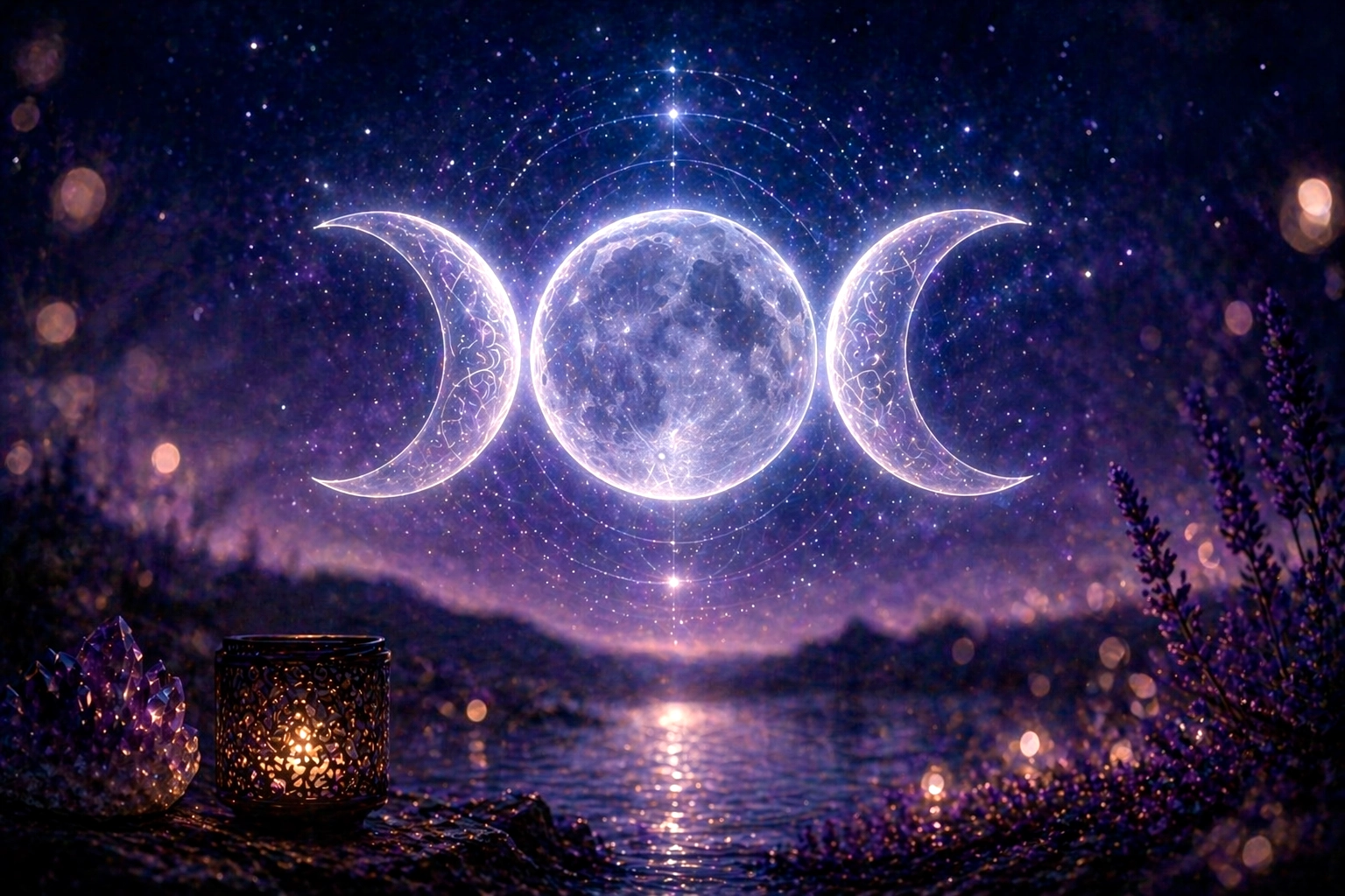 Triple luna brillante sobre lago nocturno simbolizando intuición y energía espiritual