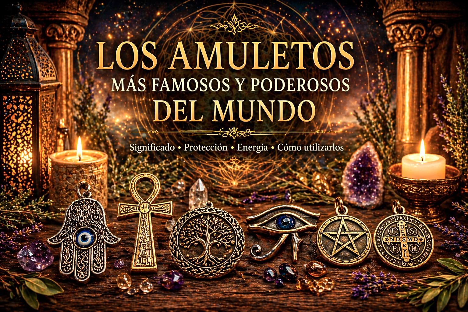 Amuletos famosos del mundo como mano de Fátima, ojo de Horus, ankh egipcio y pentagrama sobre altar esotérico