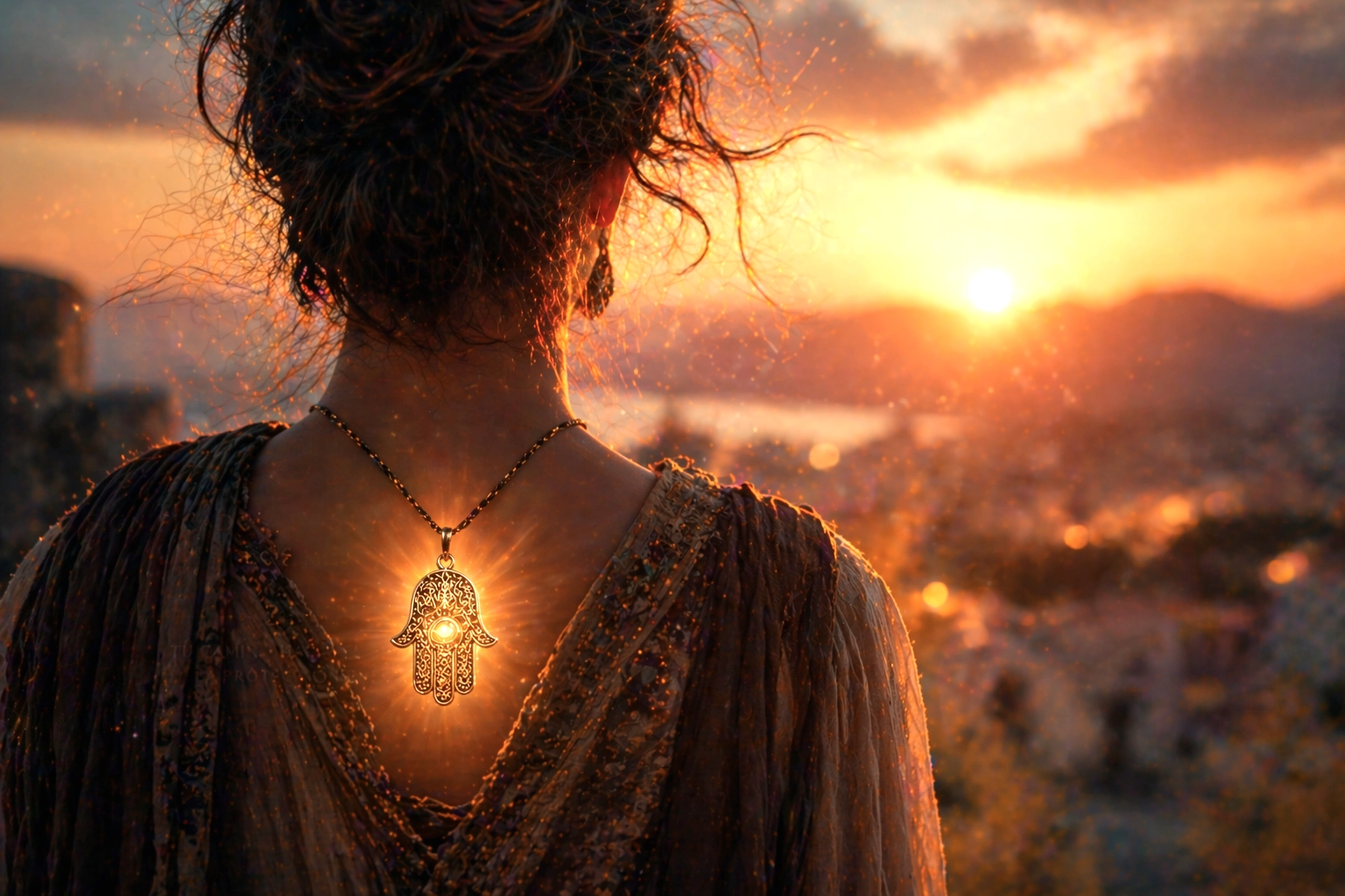 Persona con amuleto protector brillando en el pecho durante atardecer