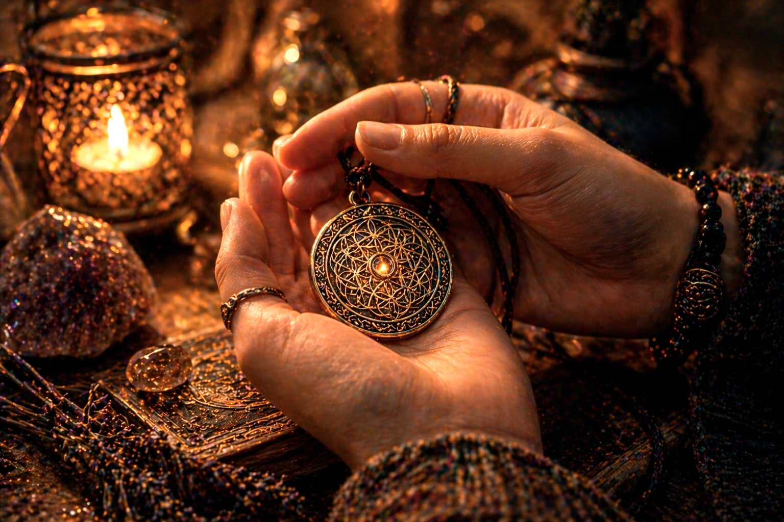 Manos sosteniendo un amuleto con luz cálida en ambiente esotérico