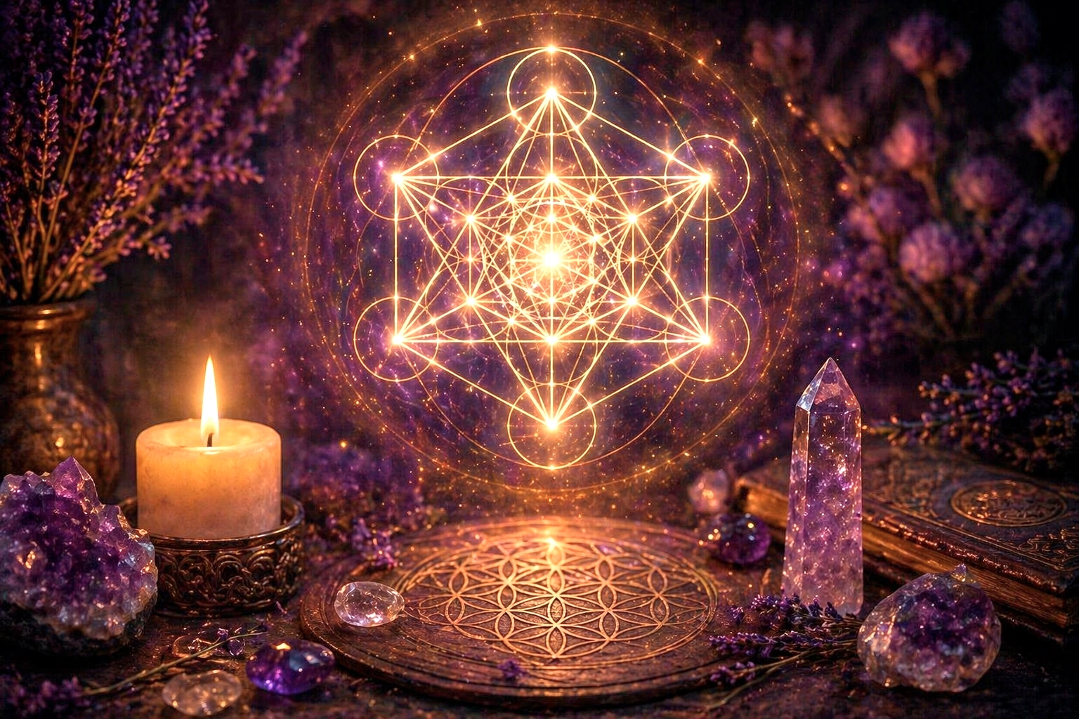 Cubo de Metatrón iluminado sobre altar con cristales y vela