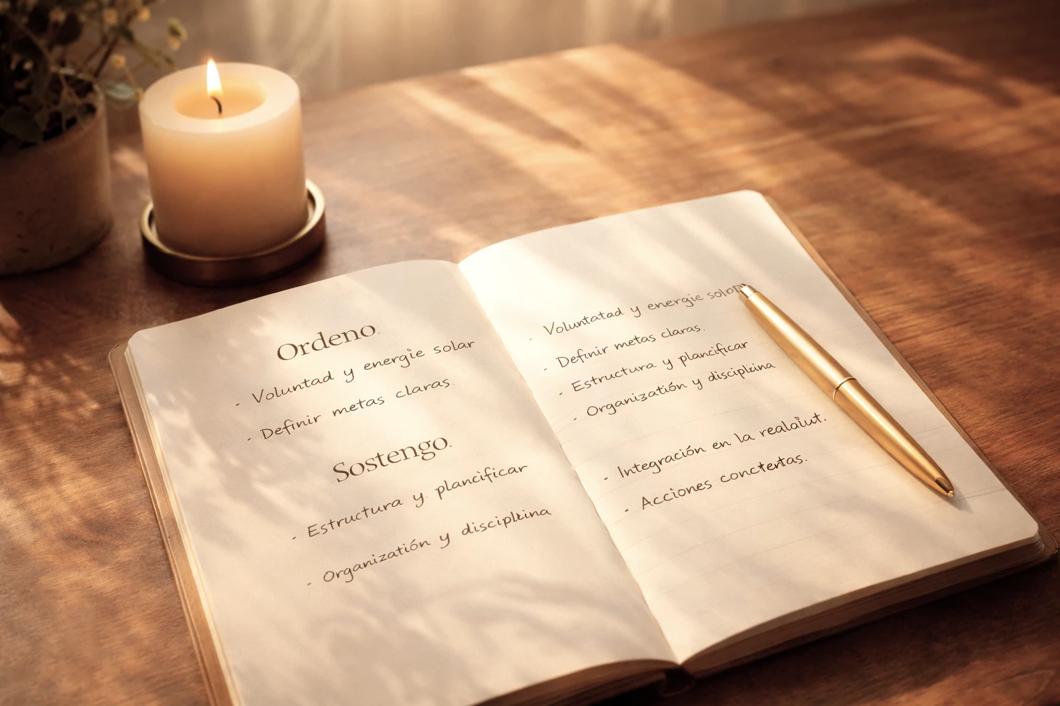 Cuaderno con planificación de objetivos y estructura representando la aplicación práctica de la energía del Portal 4:4