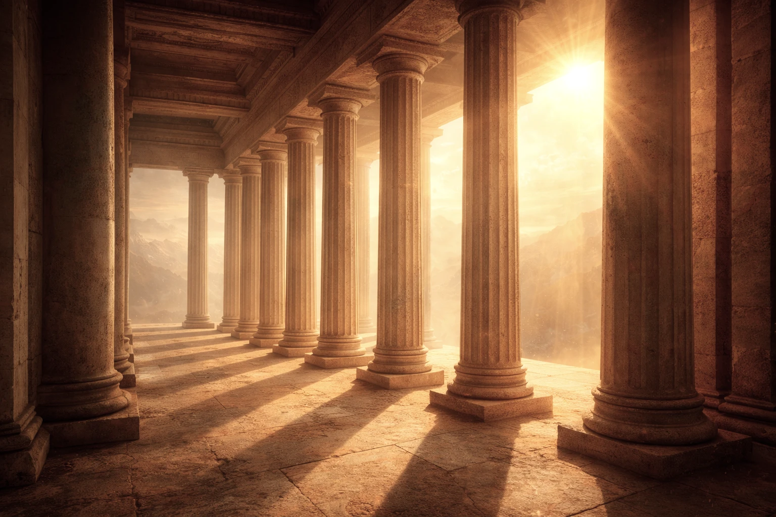 Columnas de piedra iluminadas por luz dorada representando estabilidad y estructura en el Portal 4:4