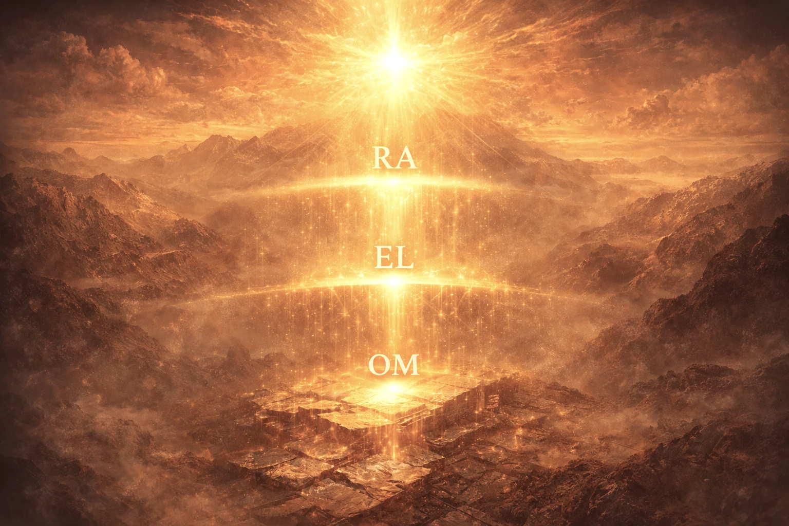 Energía del Portal 4:4 representada con RA EL OM descendiendo hacia la materia en un paisaje dorado