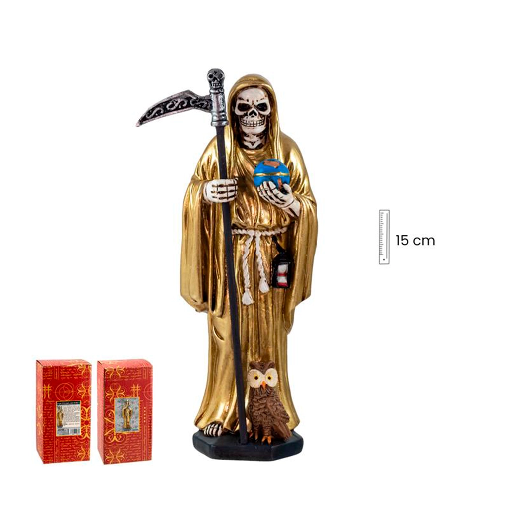 Figura esotérica de Santa Muerte dorada de 15 cm con guadaña y esfera decorativa