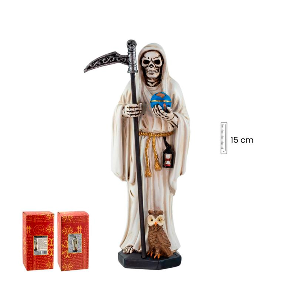 Figura esotérica de Santa Muerte blanca de 15 cm con guadaña y esfera decorativa