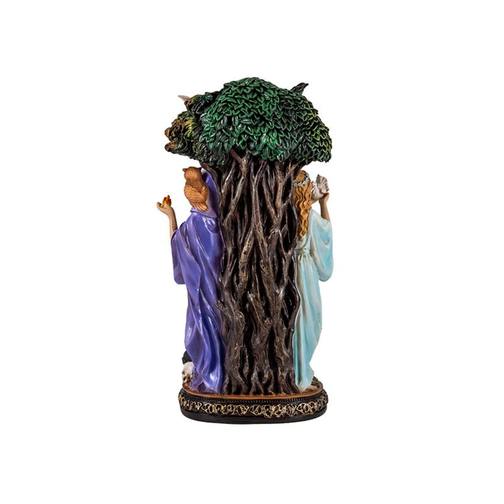 Figura esotérica Triple Diosa de color con símbolos lunares y árbol sagrado