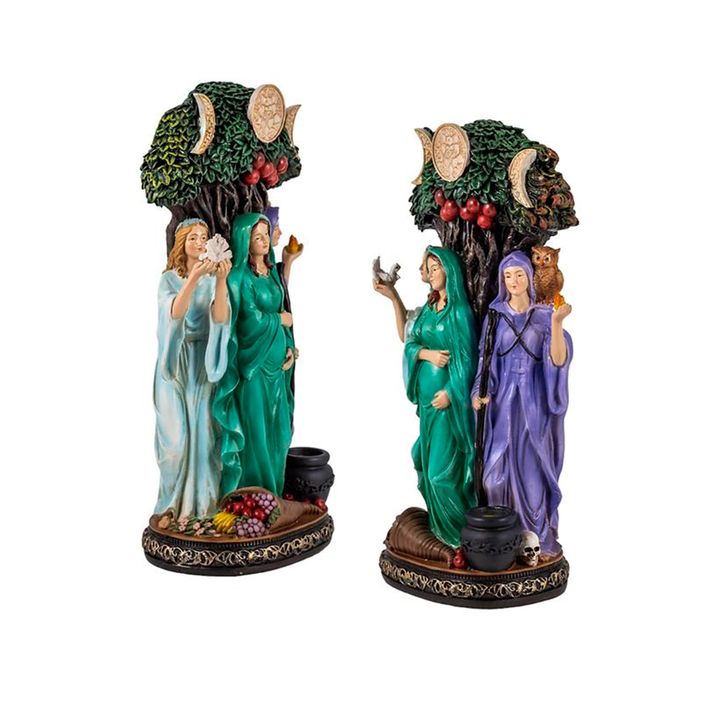 Figura esotérica Triple Diosa de color con símbolos lunares y árbol sagrado