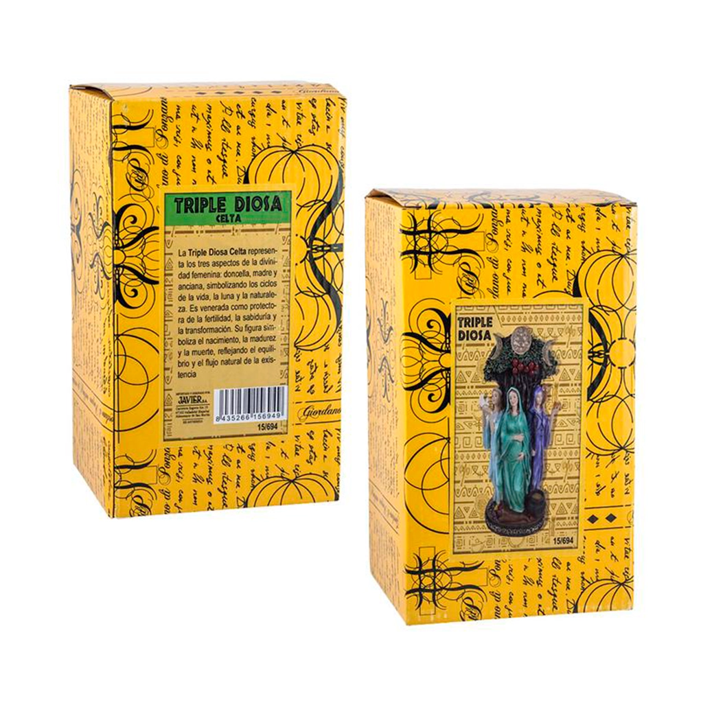 Figura esotérica Triple Diosa de color con símbolos lunares y árbol sagrado