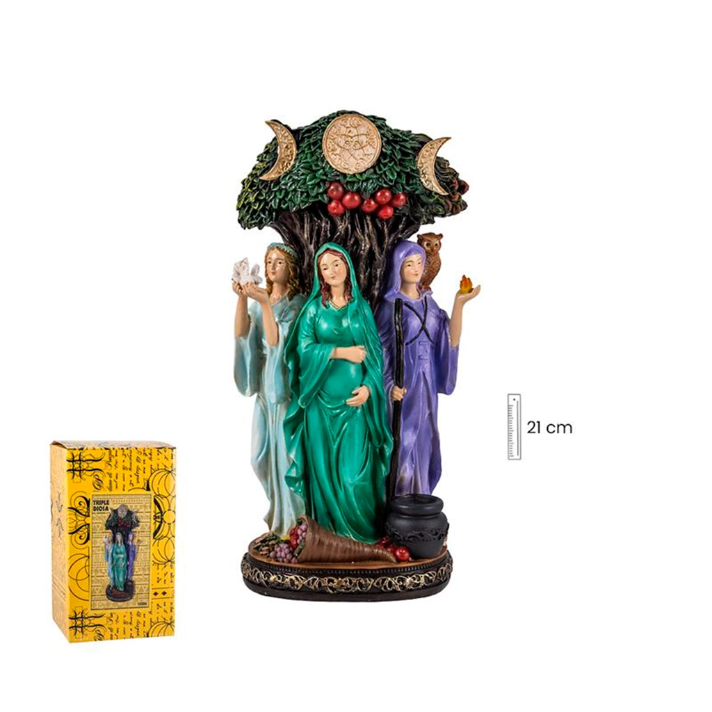 Figura esotérica Triple Diosa de color con símbolos lunares y árbol sagrado