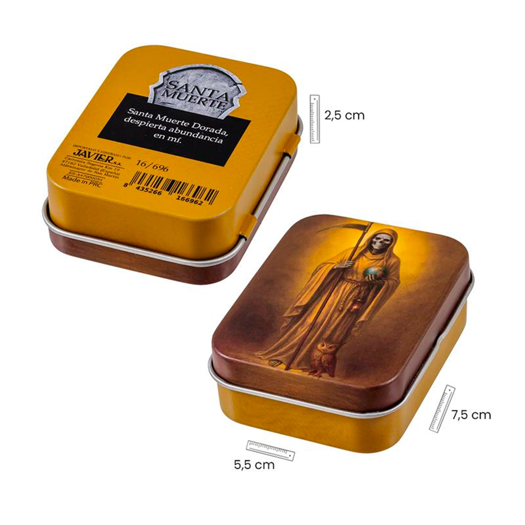 Figura miniatura de Santa Muerte dorada de 5 cm presentada en lata decorativa