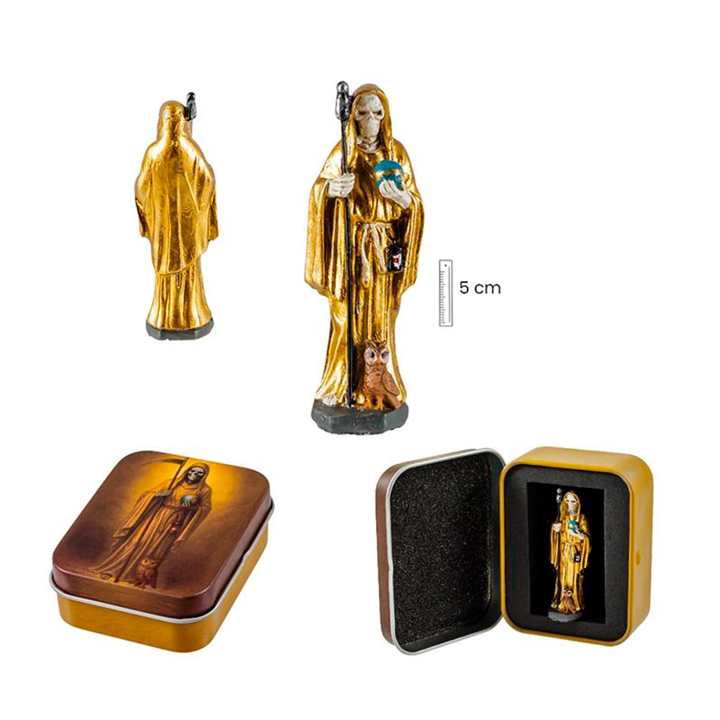 Figura miniatura de Santa Muerte dorada de 5 cm presentada en lata decorativa