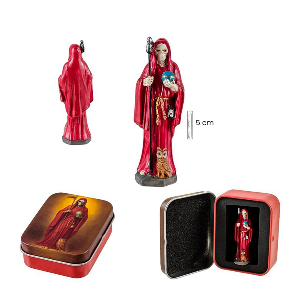 Figura miniatura de Santa Muerte roja de 5 cm en lata decorativa
