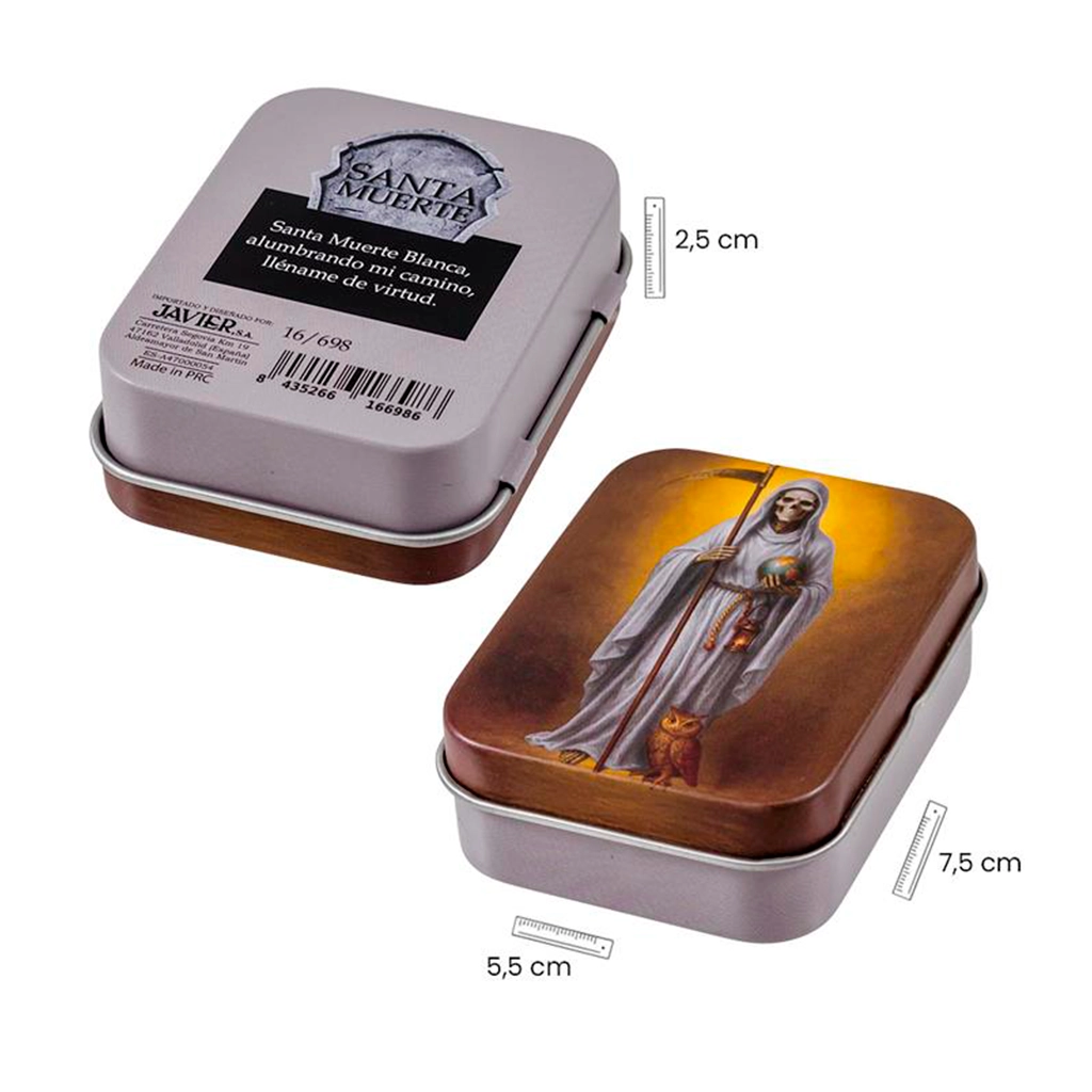 Figura miniatura de Santa Muerte blanca de 5 cm en lata decorativa