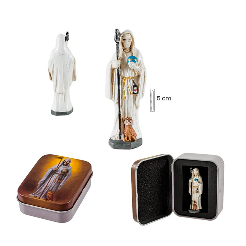 Figura miniatura de Santa Muerte blanca de 5 cm en lata decorativa