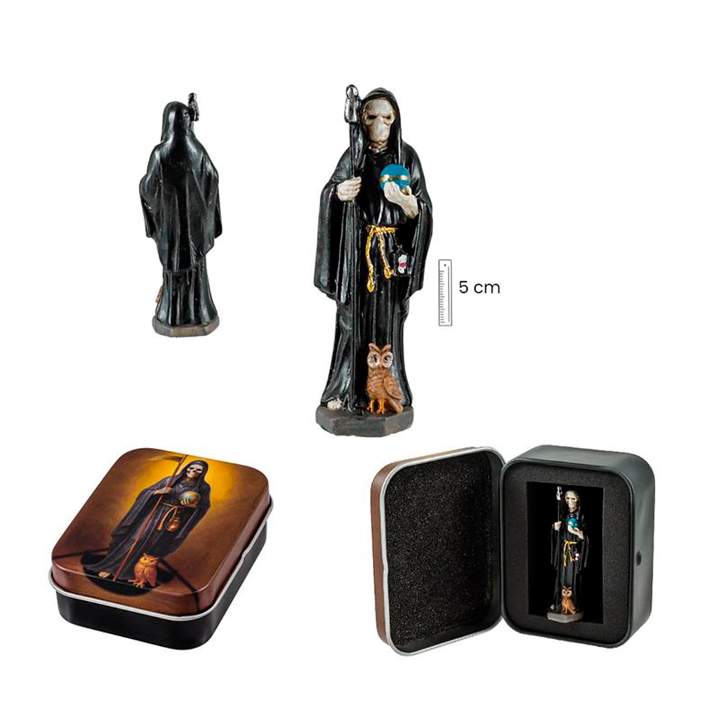 Figura miniatura de Santa Muerte negra de 5 cm presentada en lata decorativa