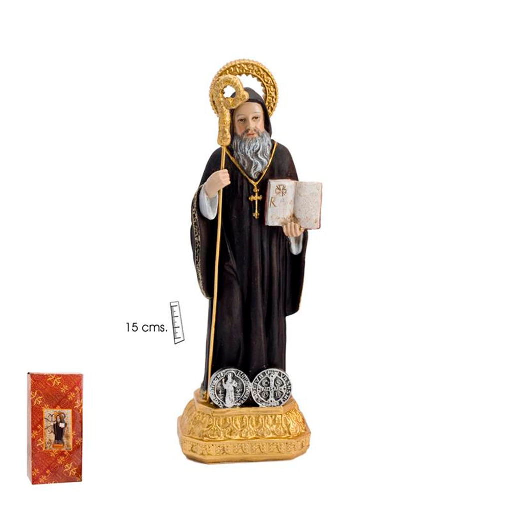 Figura esotérica de San Benito de 15 cm con medallas protectoras