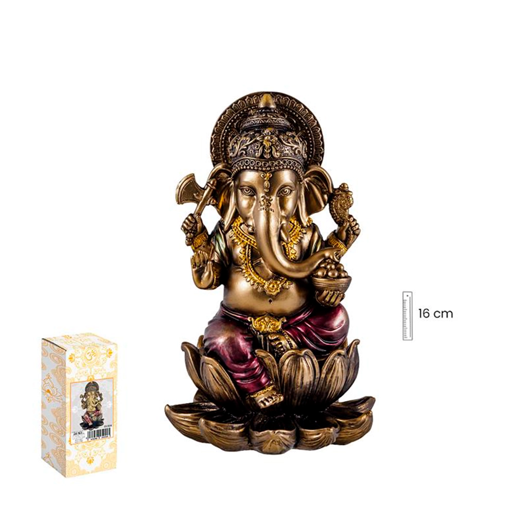 Figura esotérica de Ganesha sentado sobre flor de loto de 16 cm
