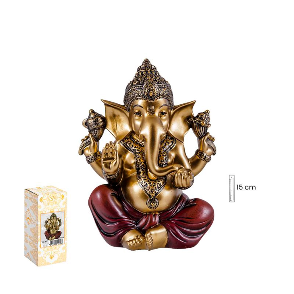Figura esotérica de Ganesha sentado de 15 cm en tonos dorados