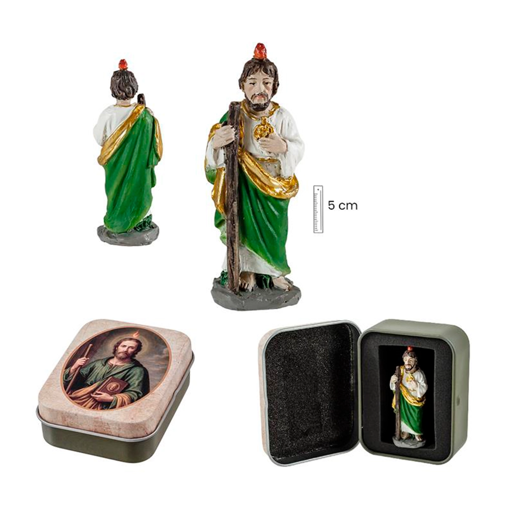 Figura miniatura de San Judas Tadeo de 5 cm presentada en lata decorativa