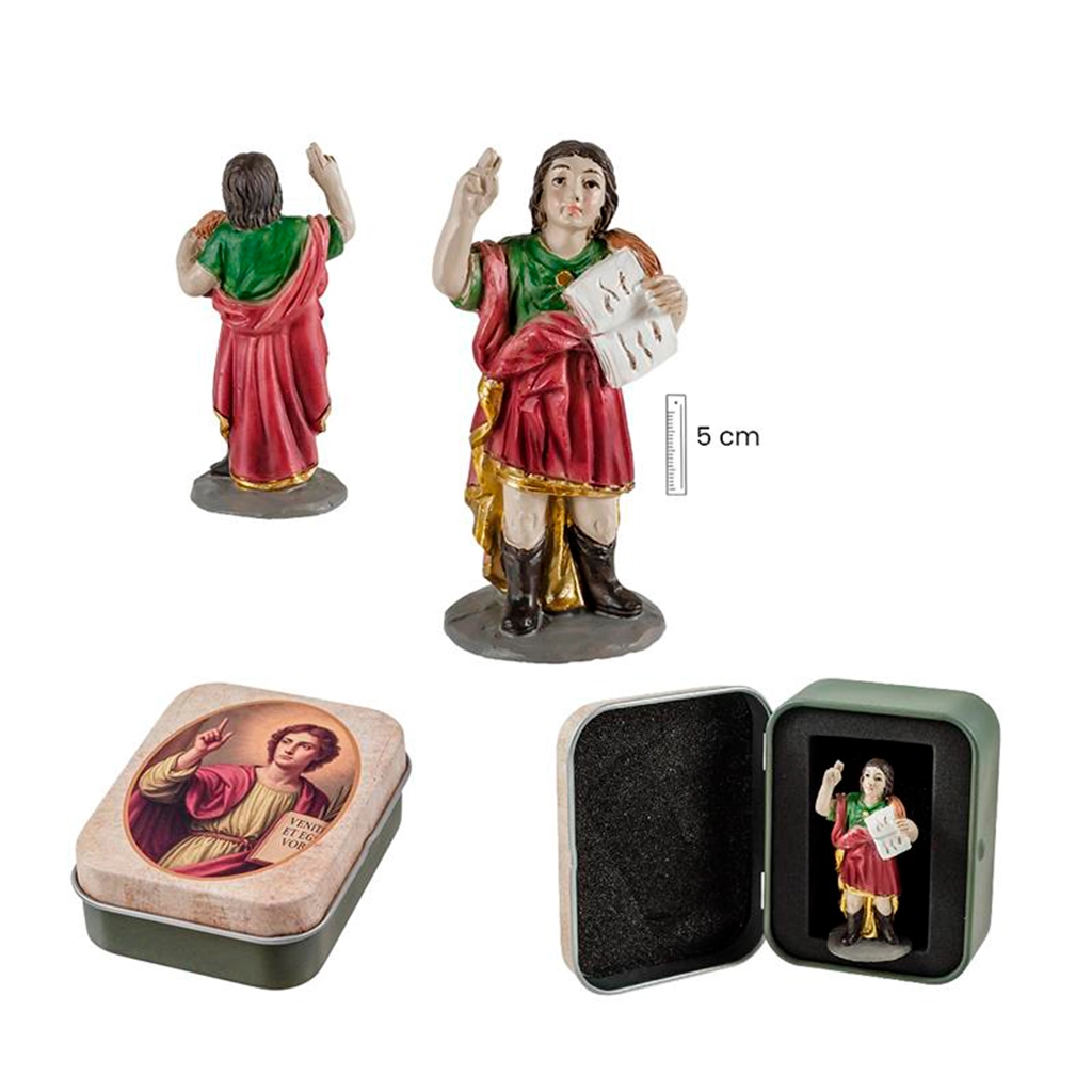 Figura miniatura de San Pancracio de 5 cm presentada en lata decorativa