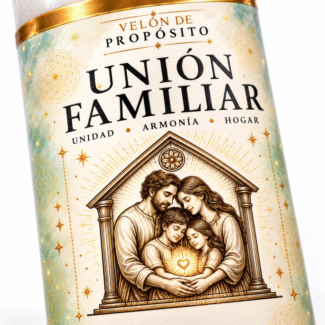 Detalle macro de la vela Unión Familiar-3 Velón Unión Familiar de Zi-Enki con su etiqueta original de una familia abrazada bajo un marco con forma de hogar