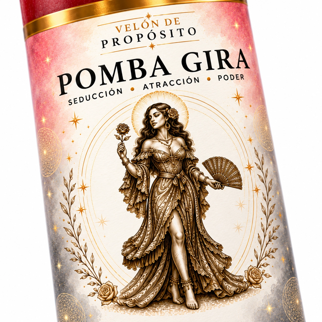 Velón Pomba Gira de Zi-Enki Velón Pomba Gira de Zi-Enki con su etiqueta original de Pomba Gira sosteniendo una rosa y un abanico