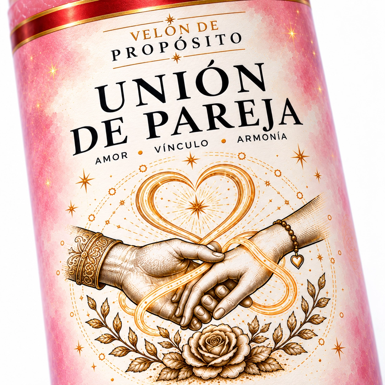 Unión de Pareja en detalle macro-3 Velón Unión de Pareja de Zi-Enki con su etiqueta original de manos unidas, un corazón y una rosa