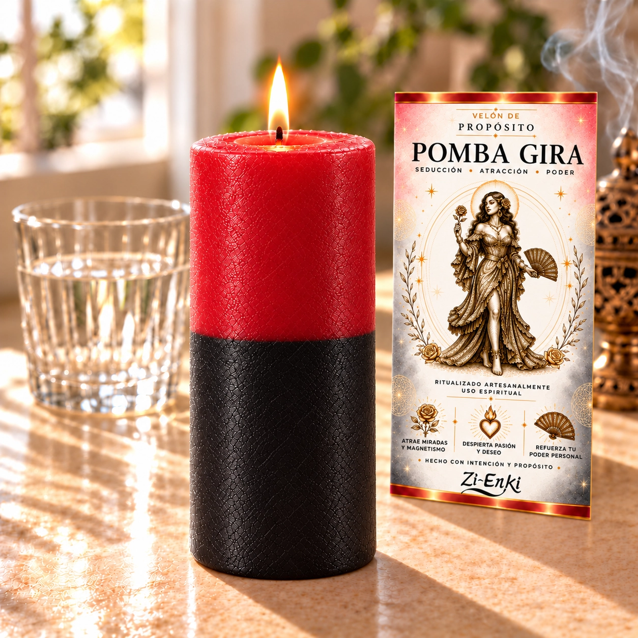 Velón Pomba Gira de Zi-Enki Velón Pomba Gira de Zi-Enki con su etiqueta original de Pomba Gira sosteniendo una rosa y un abanico